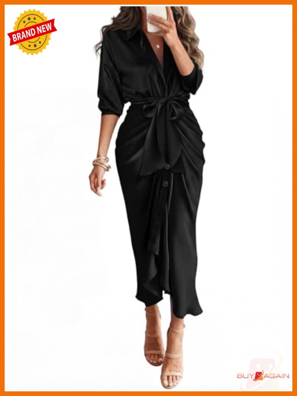 BTFBM Button Down Satin Maxi Dress Long Sleeve Tie Waist Ruffle Hem Women's